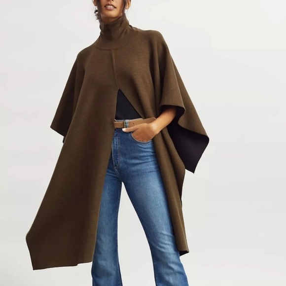Anthropologie Split-front Poncho Cape Sweater Olive Moss Green - Picture 1 of 8